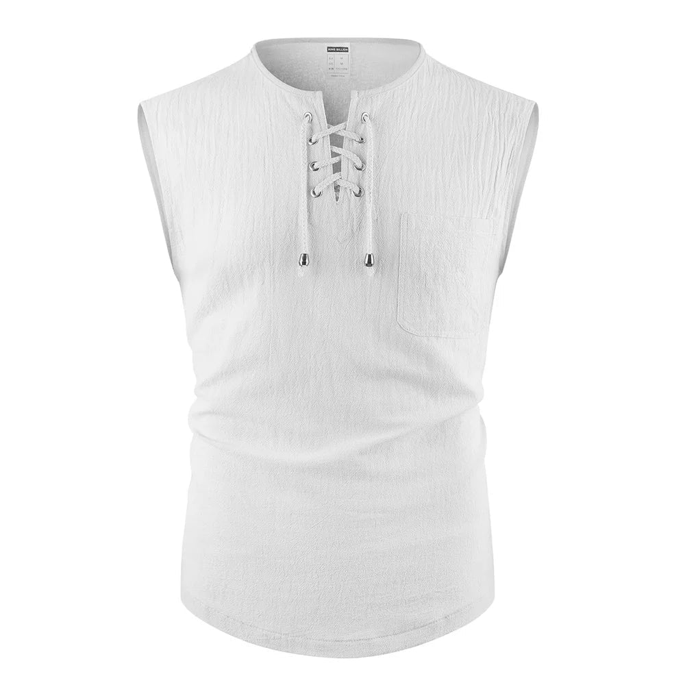 Men's Tank Tops Cotton Linen Breathable Lightweight Solid Color Drawstring Design V-neck Cool Feeling Vacation Style Male Tops