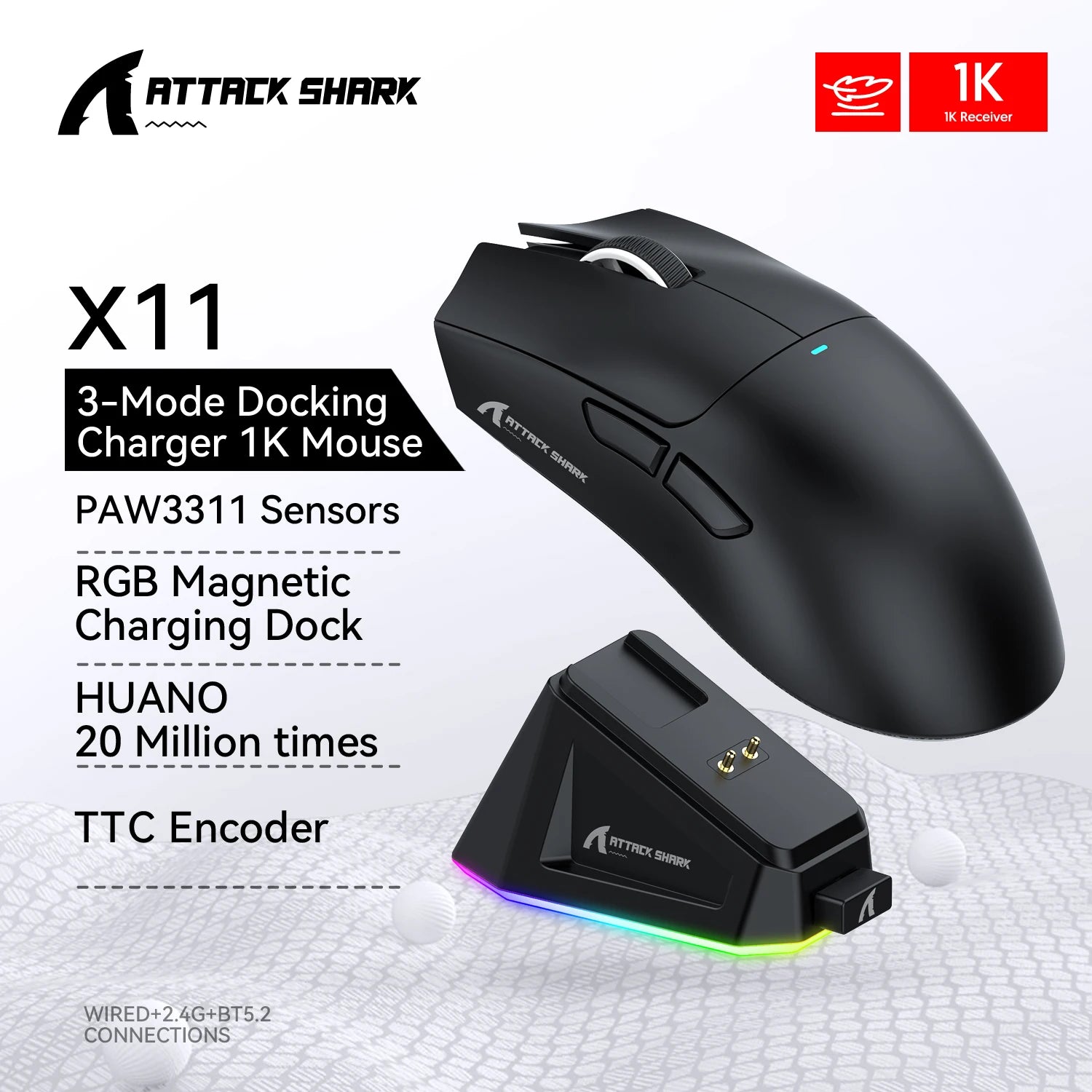 Attack Shark X11 Conexión tricodo 2,4 GHz/con cable/Bluetooth PAW3311 22K000DPI 400IPS RGB Ratón para juegos de PC
