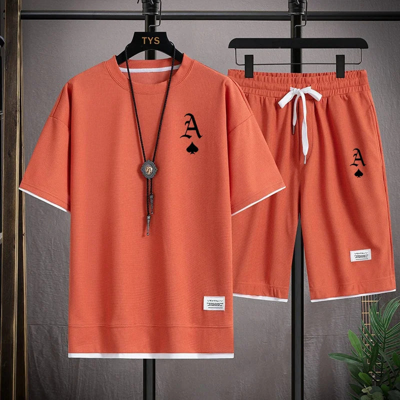 Fashionable casual men's sports suit short-sleeved T-shirt and outdoor summer sports shorts two-piece set daily casual