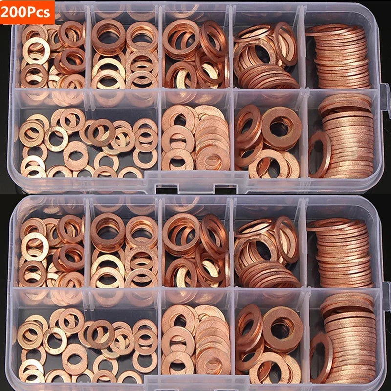 Juego de tuercas y pernos de junta de arandela de cobre, Kit surtido de sellos de anillo plano con caja //M8/M10/M12/M14 para tapones de sumidero, 100/200 Uds.