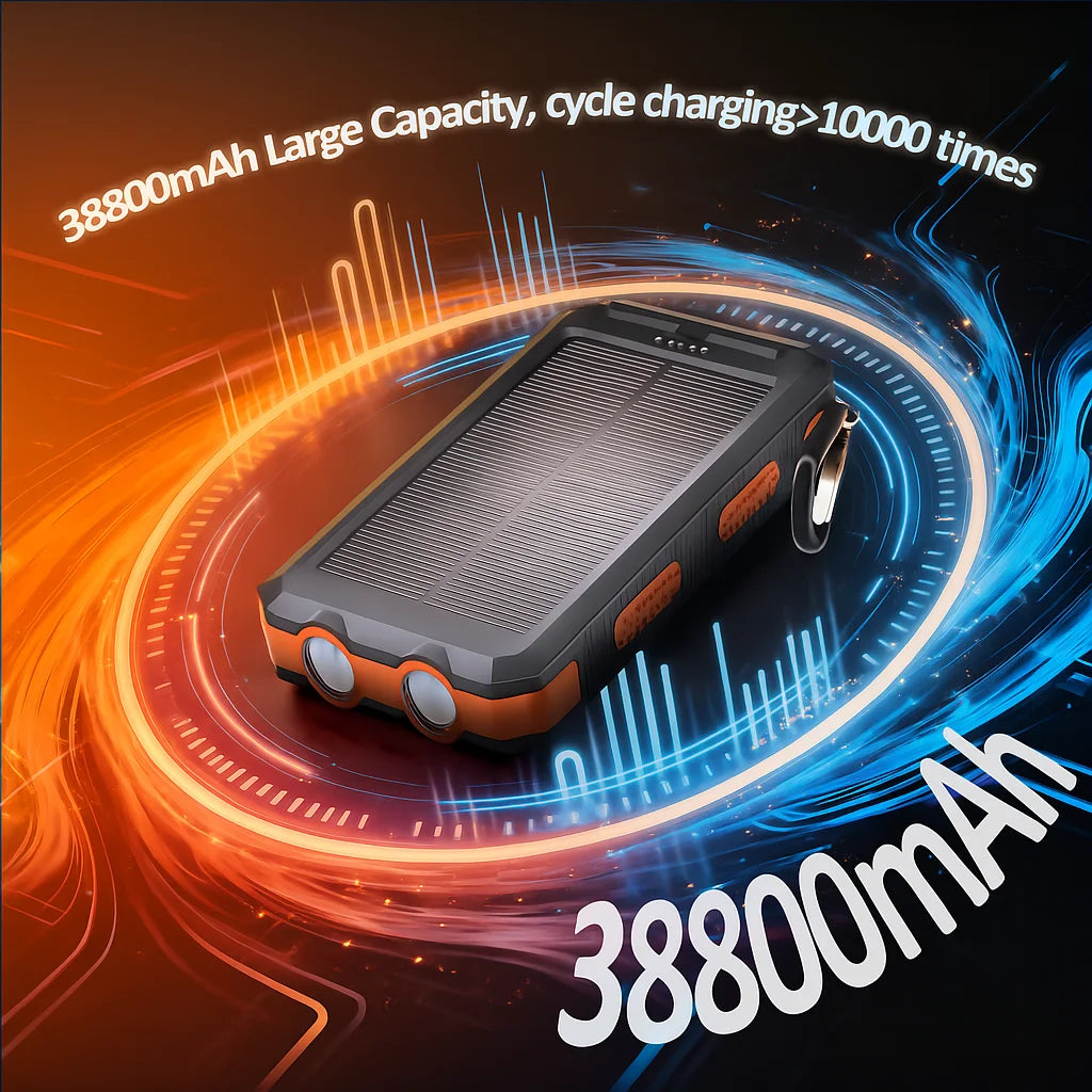 Banco de energía solar de 38800 mAh con cable incorporado, fuente de alimentación móvil universal liviana y de gran capacidad para teléfonos móviles