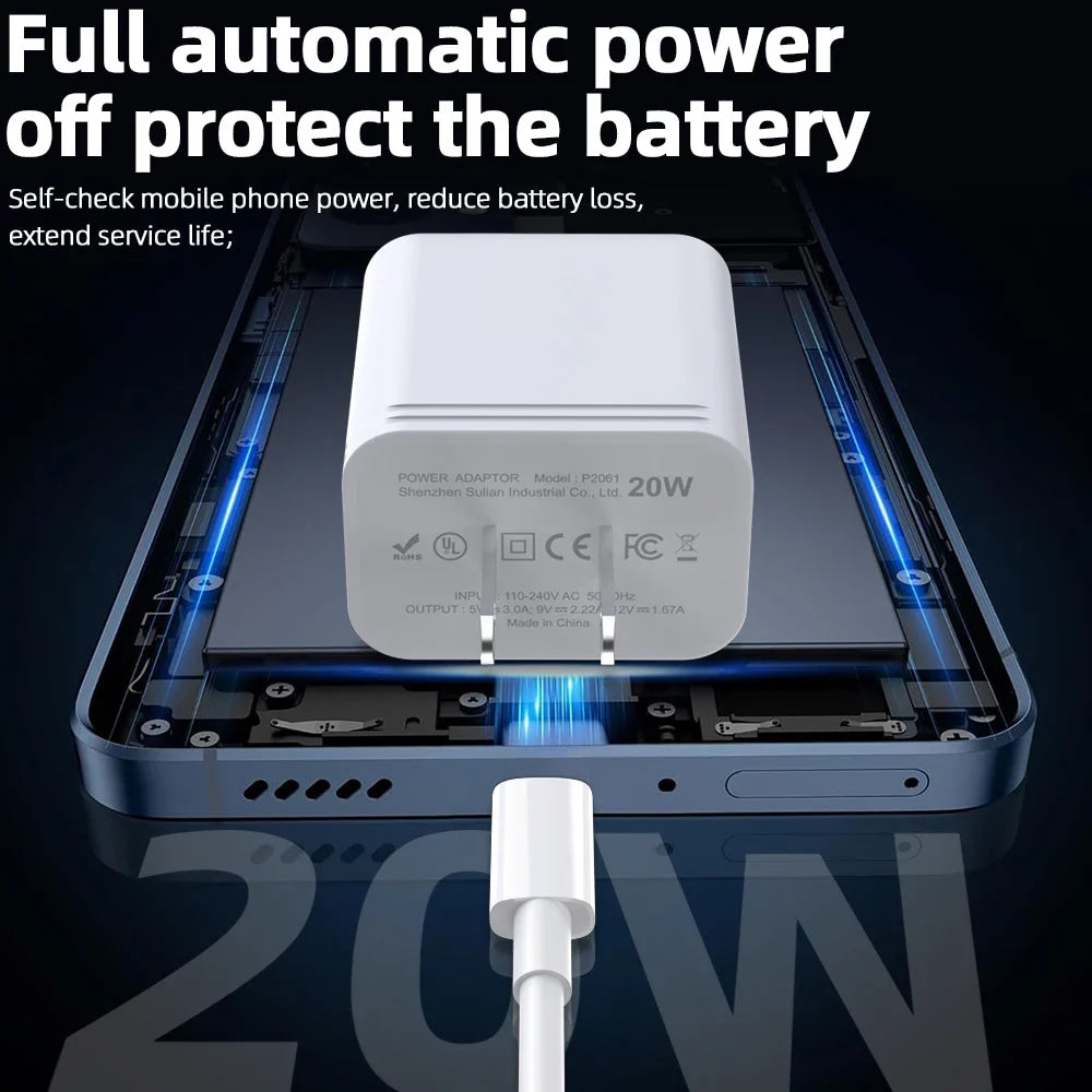 For iPhone 16 15 Samsung PD 20W USB Type C Charger Fast Charging Power Adapter Type C Cable Wall Phone Charger Quick Charge Plug