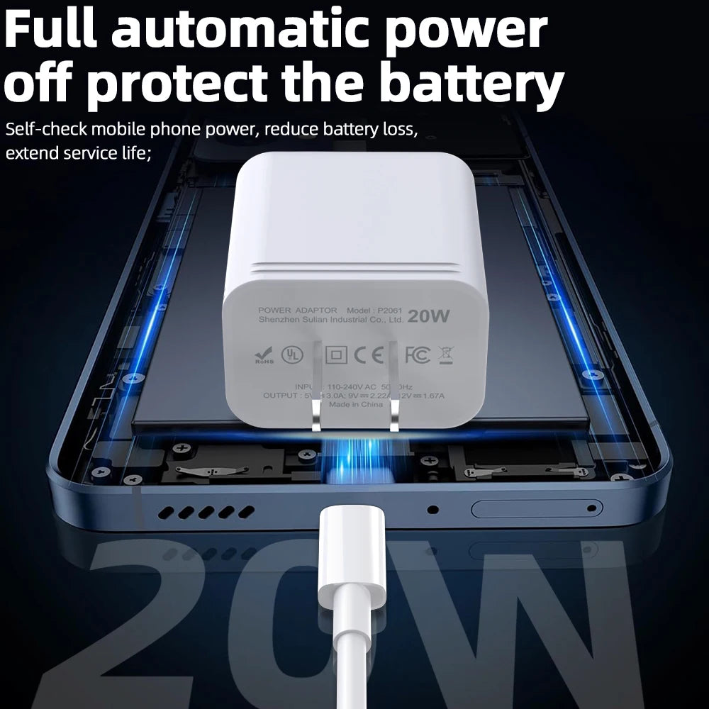 For iPhone 16 15 Samsung PD 20W USB Type C Charger Fast Charging Power Adapter Type C Cable Wall Phone Charger Quick Charge Plug