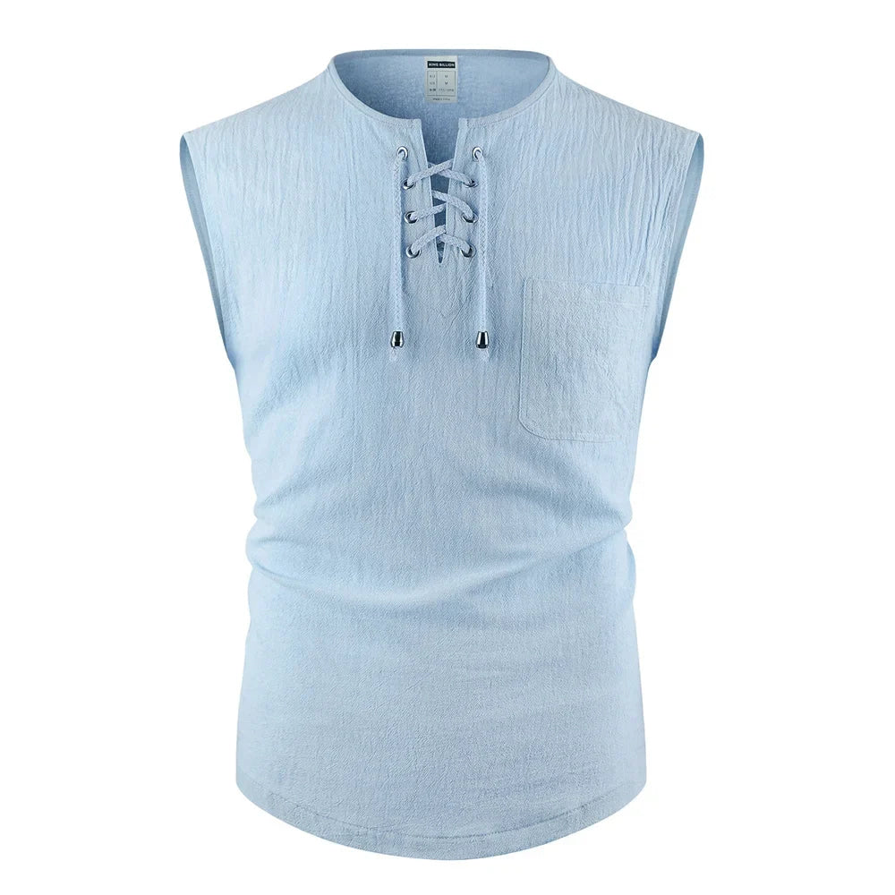 Men's Tank Tops Cotton Linen Breathable Lightweight Solid Color Drawstring Design V-neck Cool Feeling Vacation Style Male Tops