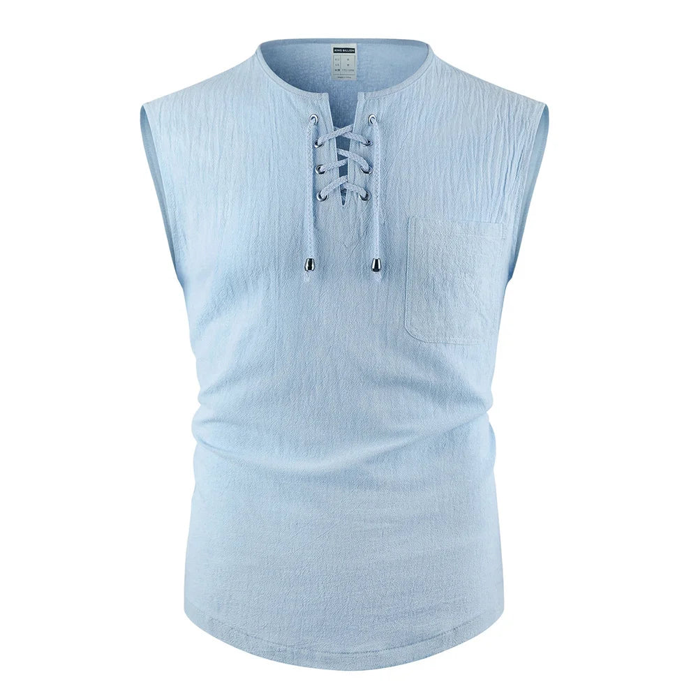 Men's Tank Tops Cotton Linen Breathable Lightweight Solid Color Drawstring Design V-neck Cool Feeling Vacation Style Male Tops