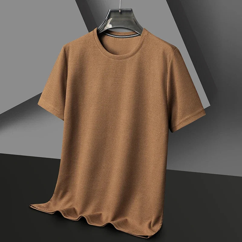 Nueva camiseta de manga corta con cuello redondo y gofres de verano para hombre, Top de manga corta