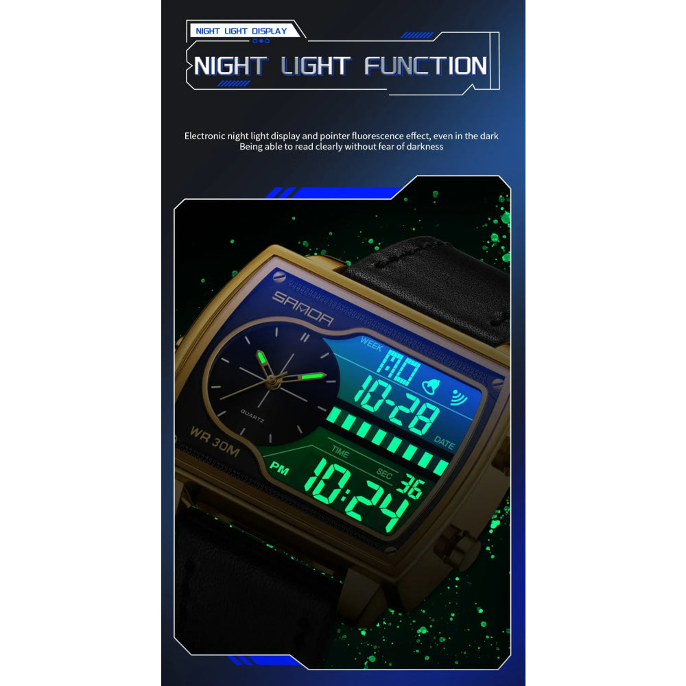 SANDA 6163 Fashion Trend Men's Quartz Watch Fashion Square Watch Countdown Sports Waterproof Dual Display Digital Men's Watches