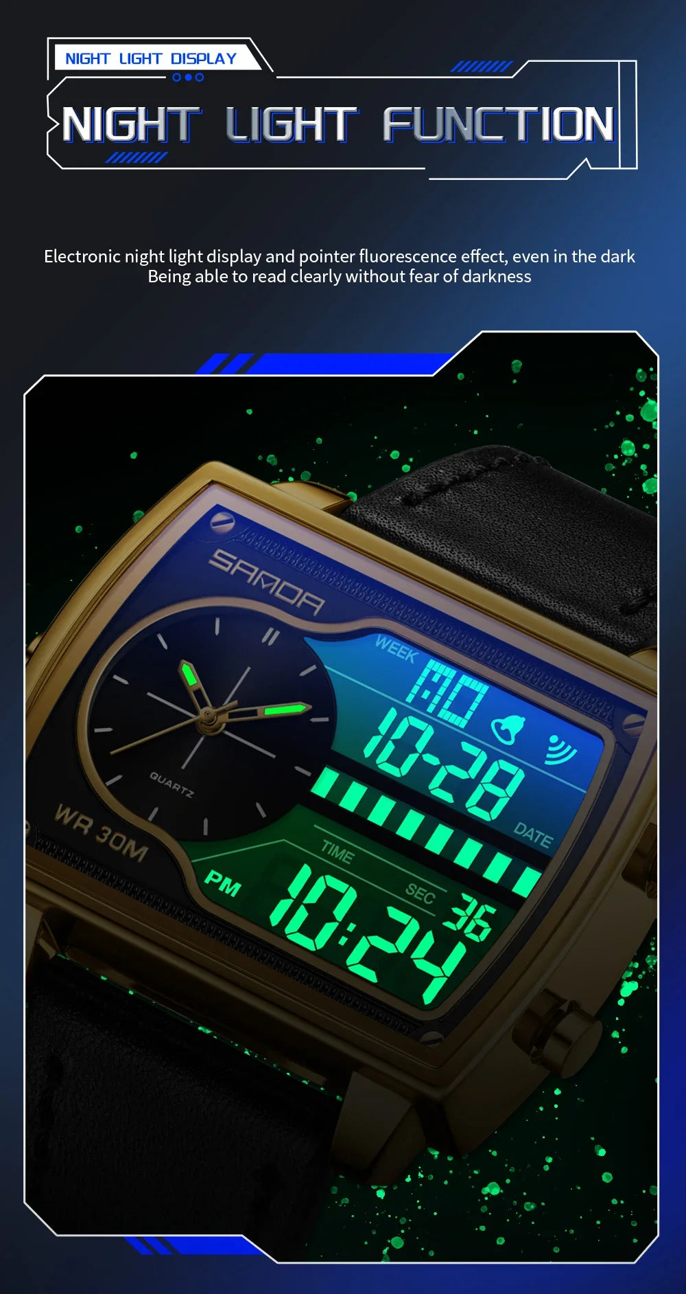 SANDA 6163 Fashion Trend Men's Quartz Watch Fashion Square Watch Countdown Sports Waterproof Dual Display Digital Men's Watches