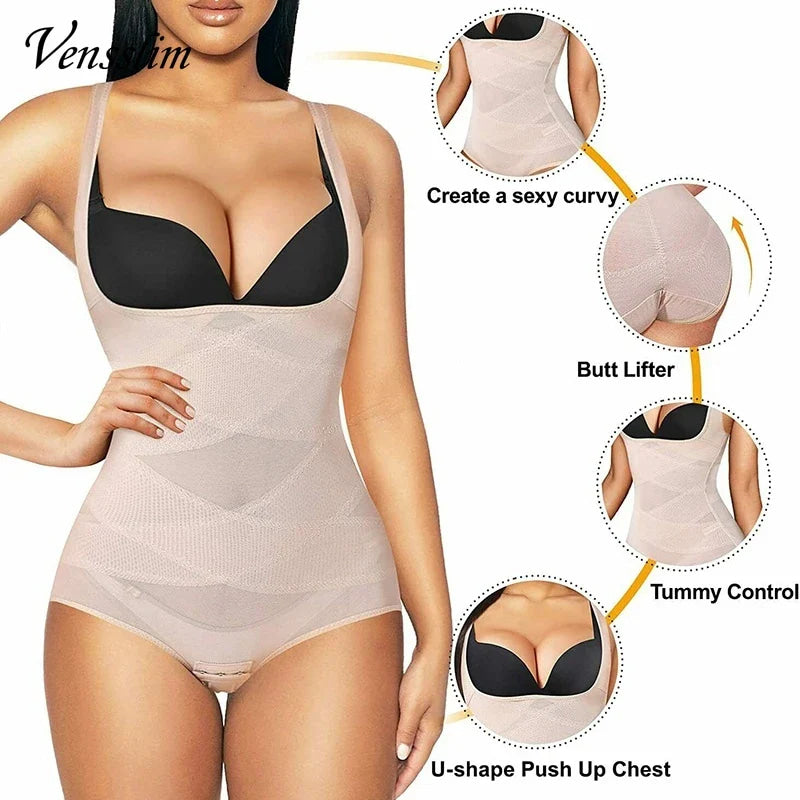 Vensslim Full Body Shapewear Cross Compression Abs Body Shaper Women Slimming Bodysuit Push Up Vest Tummy Control Open Crotch