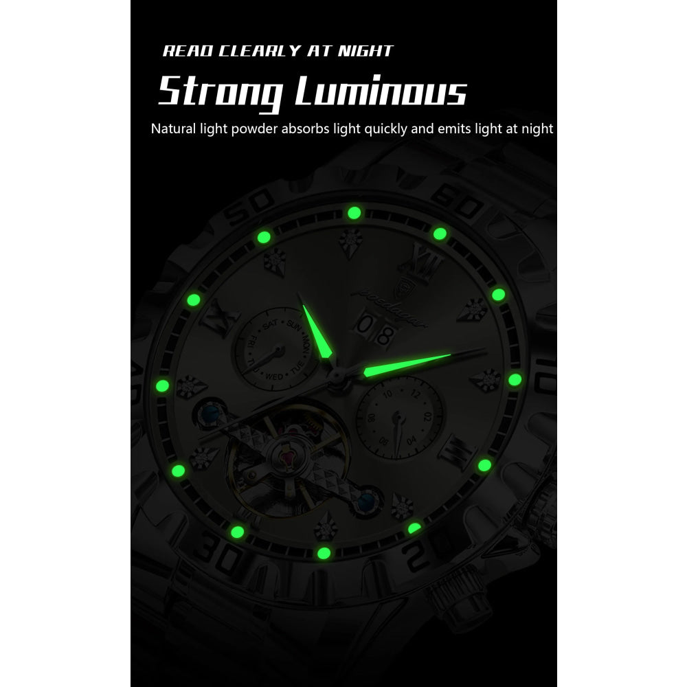 POEDAGAR Luxury Men Wristwatch Hollow Tourbillon Luminous Date Week Man Clock Automatic Mechanical Stainless Steel Men's Watches