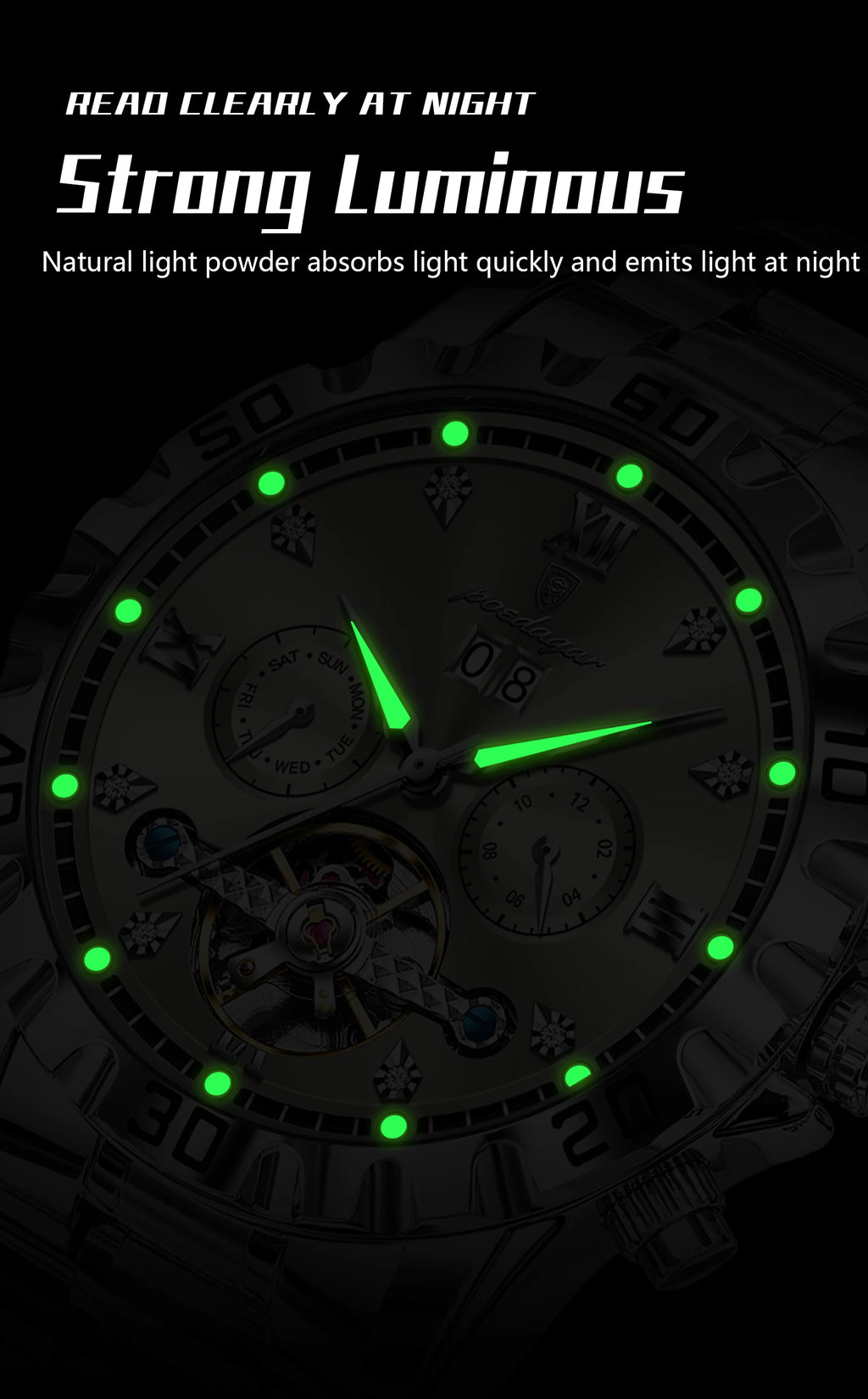 POEDAGAR Luxury Men Wristwatch Hollow Tourbillon Luminous Date Week Man Clock Automatic Mechanical Stainless Steel Men's Watches