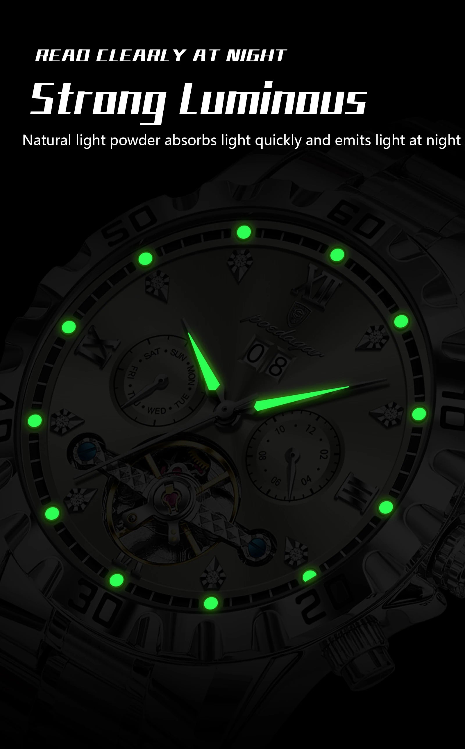 POEDAGAR Luxury Men Wristwatch Hollow Tourbillon Luminous Date Week Man Clock Automatic Mechanical Stainless Steel Men's Watches