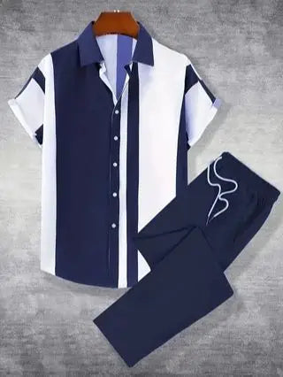 2-Piece Printed Men's Summer Short-Sleeved Button-Down Shirt and Pants Set