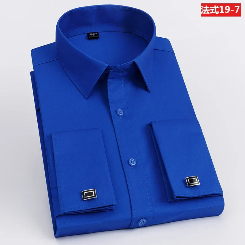 Men's French cufflink shirt with slim fit and contrasting color collar, Windsor collar, striped formal long sleeved shir
