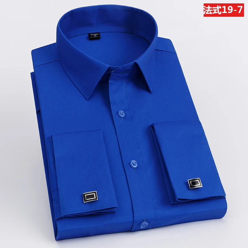 Men's French cufflink shirt with slim fit and contrasting color collar, Windsor collar, striped formal long sleeved shir