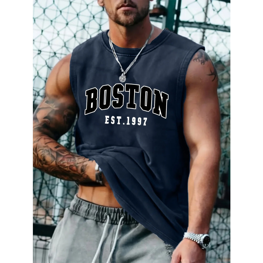 Men's summer fashion casual sports loose Boston est 1997 Print comfortable breathable round neck sleeveless vest