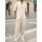 Men's Fall Casual Outfits Solid Color Henley Collar Long Sleeve Tops with Elastic Waist Pants Long Sleeve Pants Shirt Suit