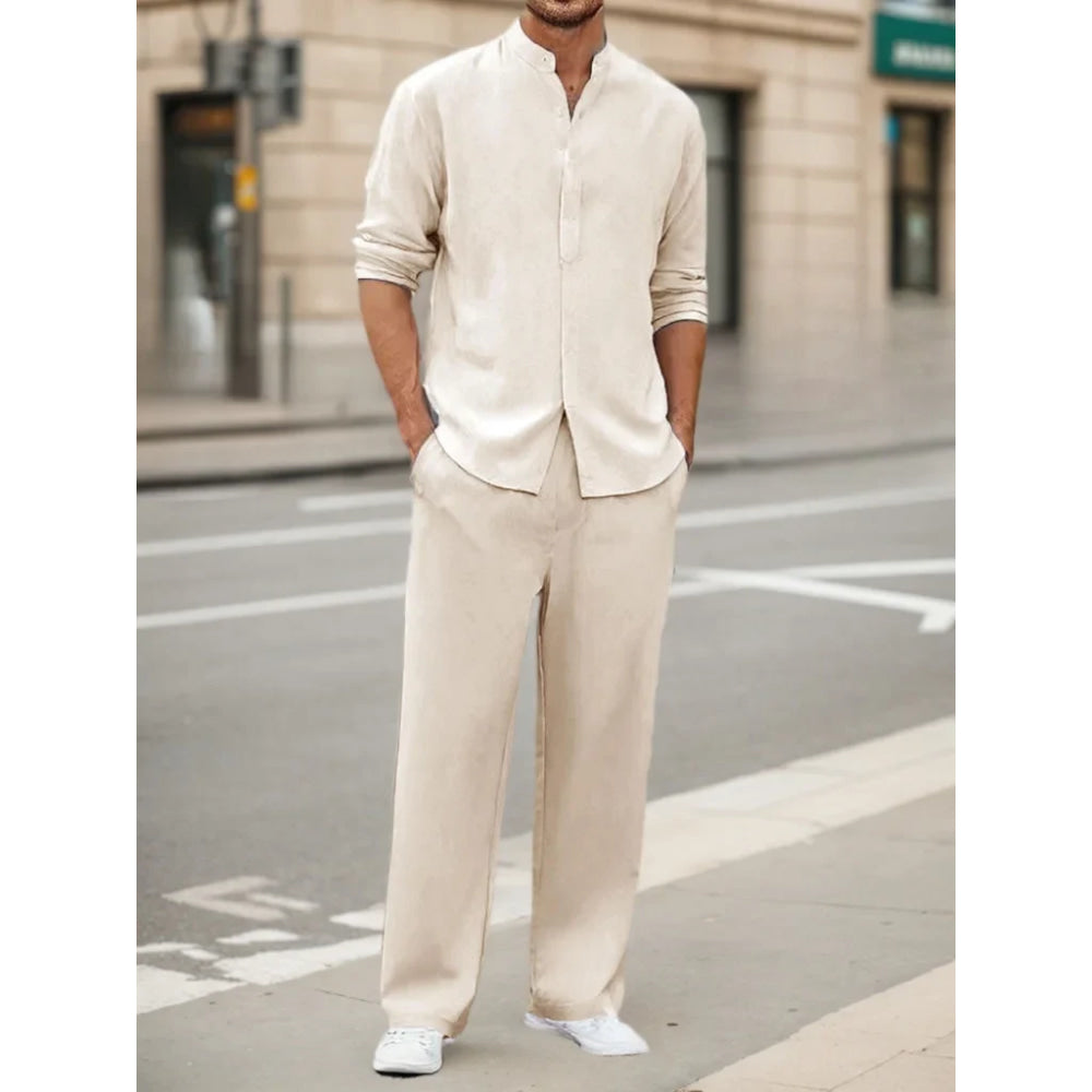 Men's Fall Casual Outfits Solid Color Henley Collar Long Sleeve Tops with Elastic Waist Pants Long Sleeve Pants Shirt Suit