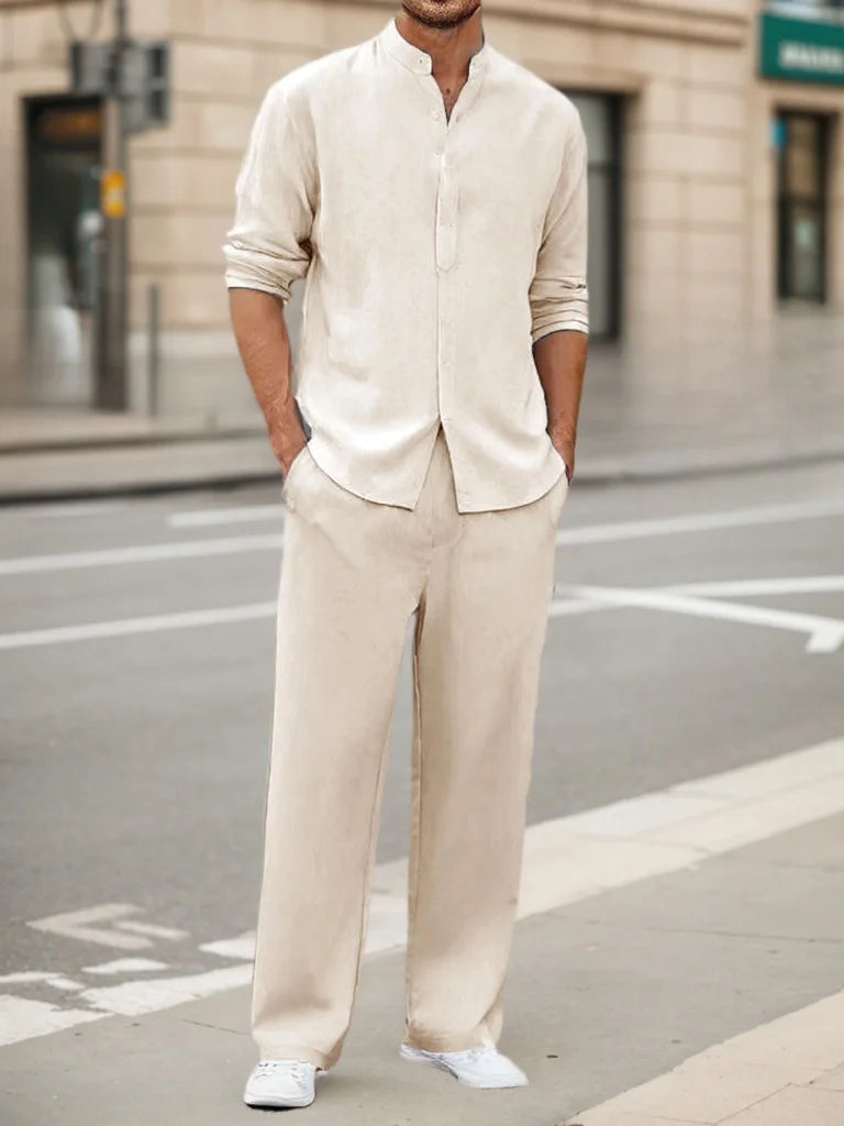 Men's Fall Casual Outfits Solid Color Henley Collar Long Sleeve Tops with Elastic Waist Pants Long Sleeve Pants Shirt Suit