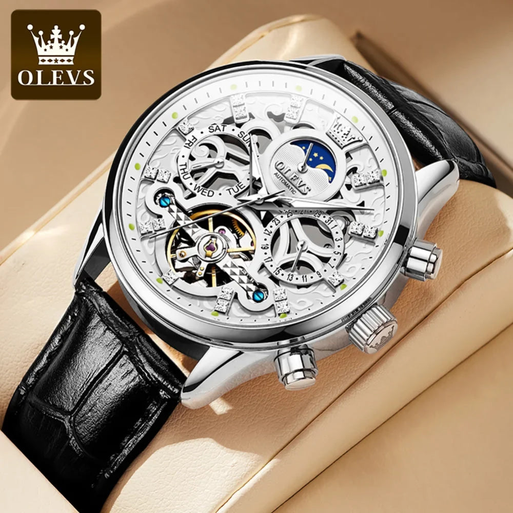 OLEVS 6658 Mens Watch Business Leather Strap Reloj  Hollow out Mechanical Automatic Wristwatch Waterproof Luminous Watch For Man