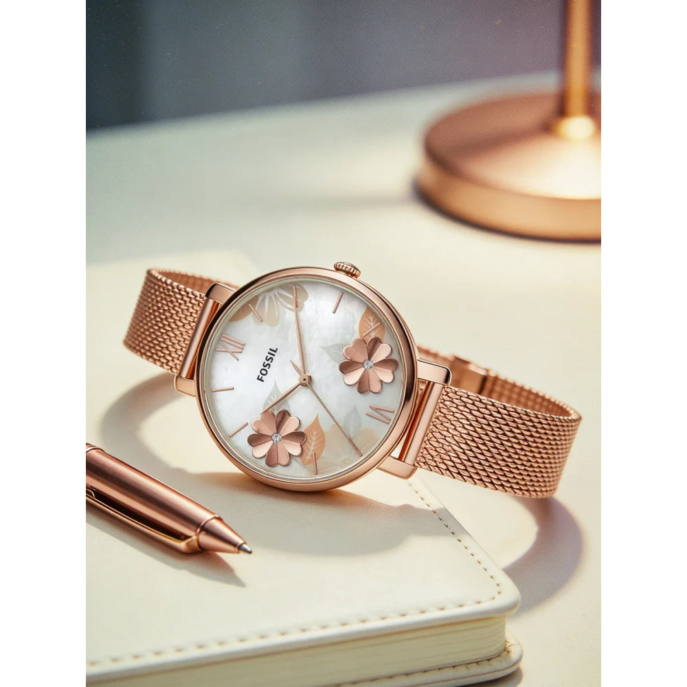 Fossil ES4534 Luxury Rose Gold Women Watches Stainless Steel Mesh Strap Quartz Wristwatch Mother of Pearl Clock Reloj Mujer