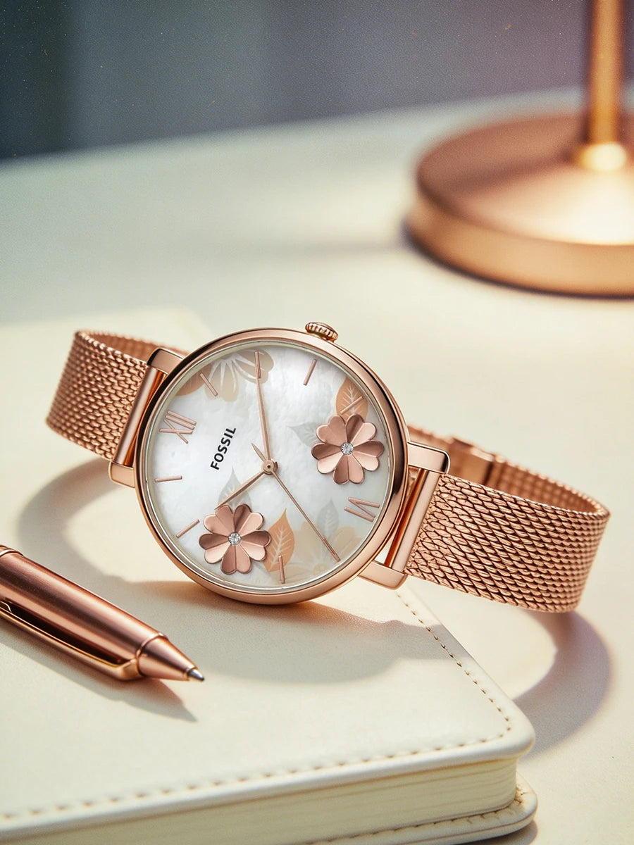 Fossil ES4534 Luxury Rose Gold Women Watches Stainless Steel Mesh Strap Quartz Wristwatch Mother of Pearl Clock Reloj Mujer