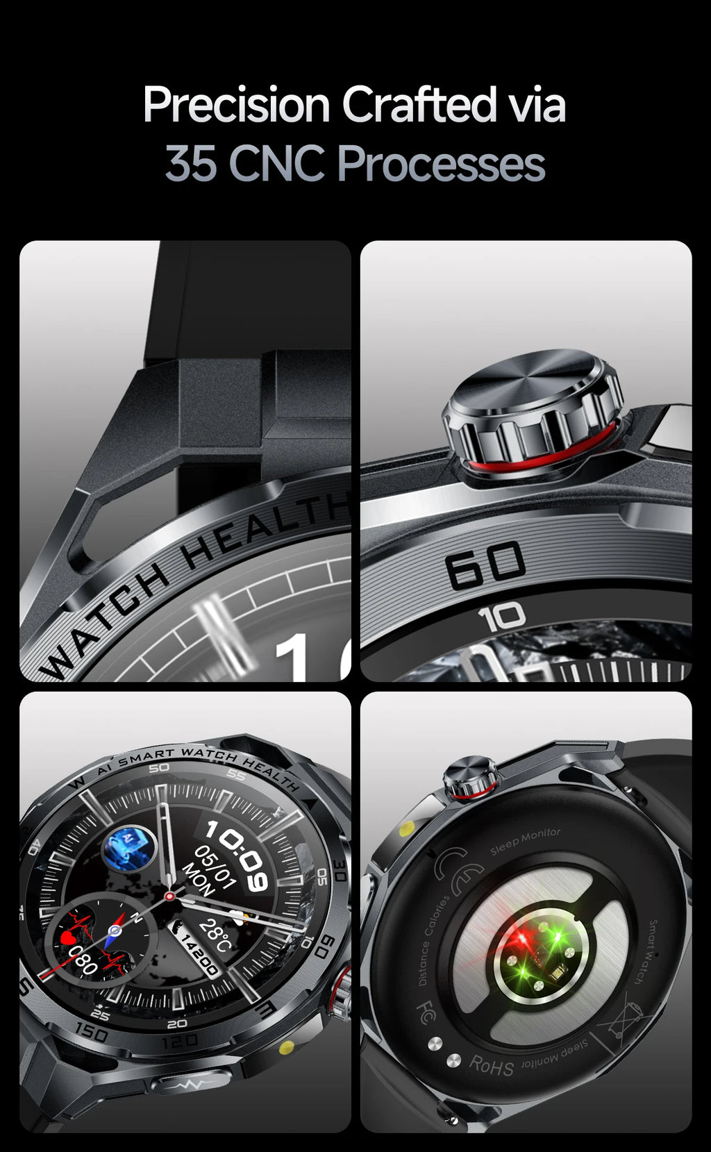 2026 New ECG AI Health Smartwatch for Men 1.53"AMOLED BP/Heart Rate Monitor BT Call IP68 Waterproof Smart Watch for Android IOS