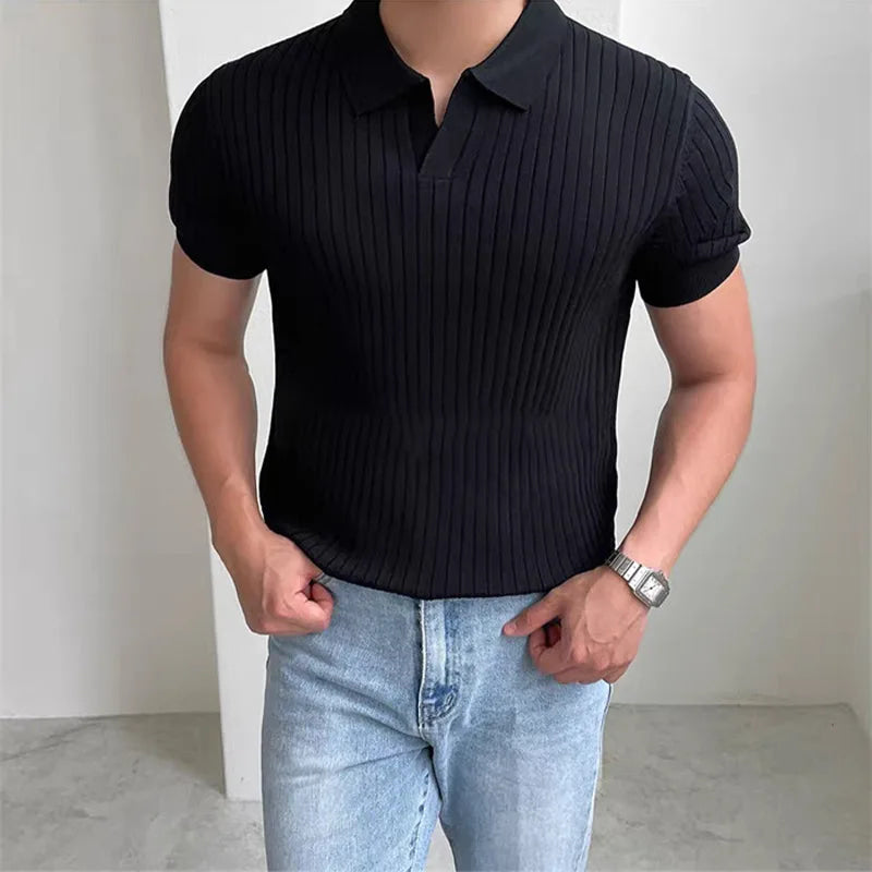 New Men's Short sleeved Classic T-shirt Summer Men Retro Striped Polo Shirt   Solid Color Short Sleeve Fashion Casual T-shirt