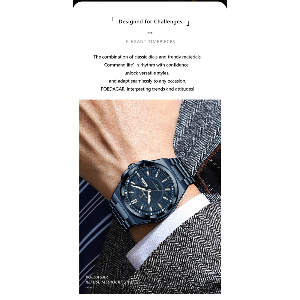 POEDAGAR Sport Original Men Clock Quartz Date Week Luxury Man Wristwatch Waterproof Luminous Stainless Steel Men's Watches Reloj