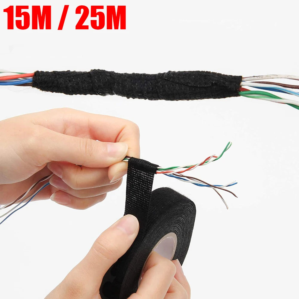 Cinta de arnés eléctrica resistente al calor, 9/15/19/25/32mm de ancho, 15m, 25m, aislamiento, protección de cableado automotriz, cinta de tela