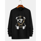 Men's autumn and winter fashionable casual loose cool bear cartoon graphic print fleece long sleeved round neck sweatshirt