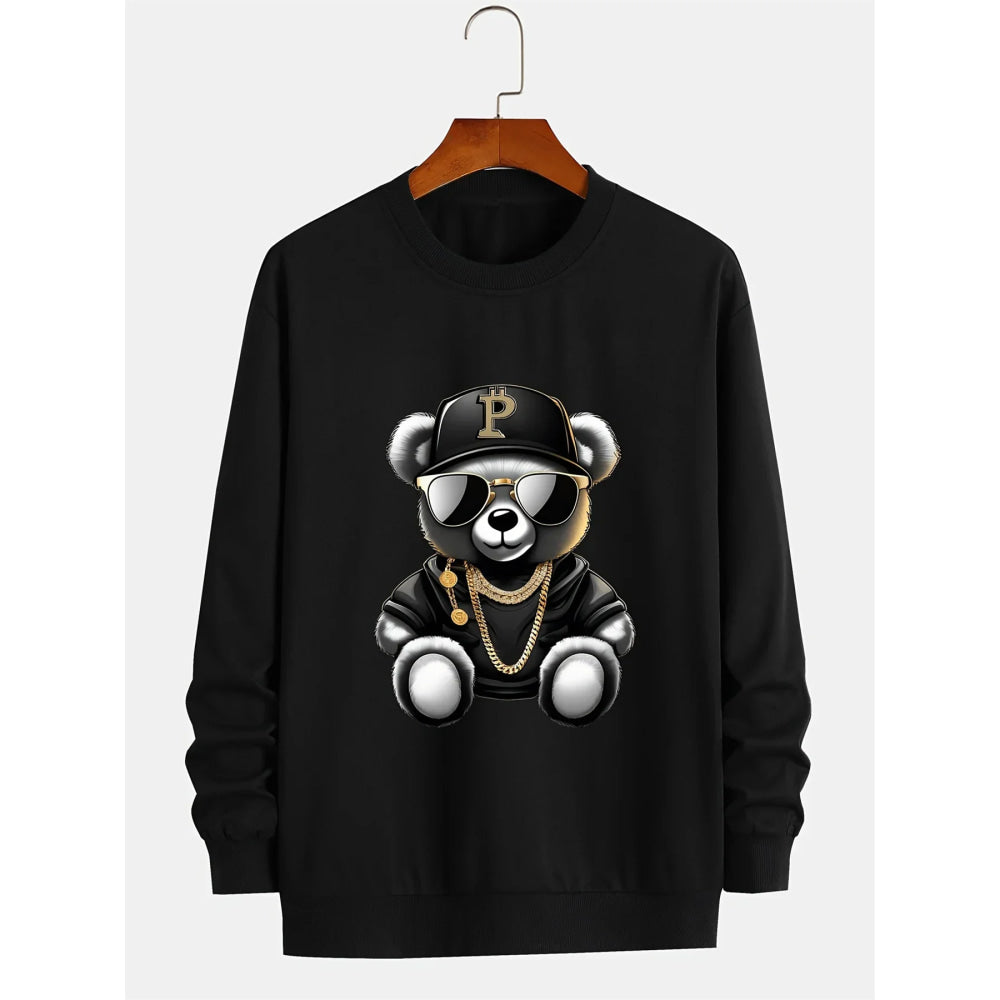 Men's autumn and winter fashionable casual loose cool bear cartoon graphic print fleece long sleeved round neck sweatshirt