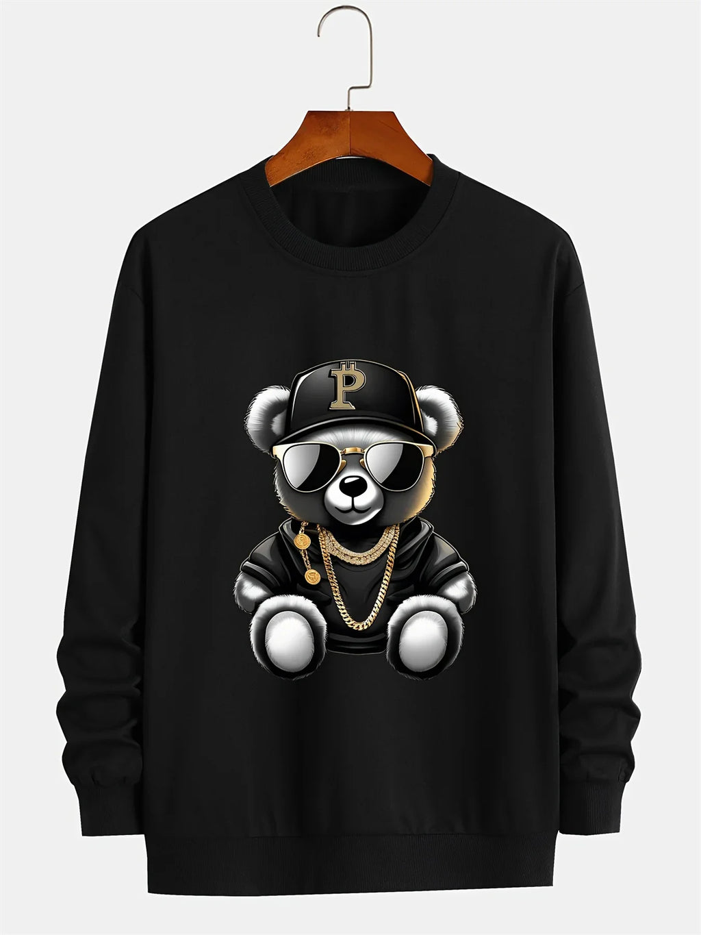Men's autumn and winter fashionable casual loose cool bear cartoon graphic print fleece long sleeved round neck sweatshirt