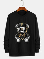 Men's autumn and winter fashionable casual loose cool bear cartoon graphic print fleece long sleeved round neck sweatshirt