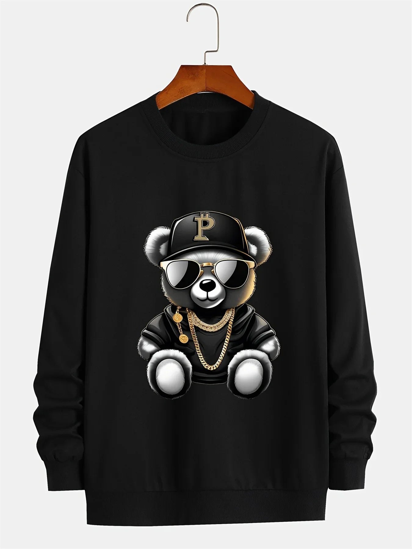 Men's autumn and winter fashionable casual loose cool bear cartoon graphic print fleece long sleeved round neck sweatshirt