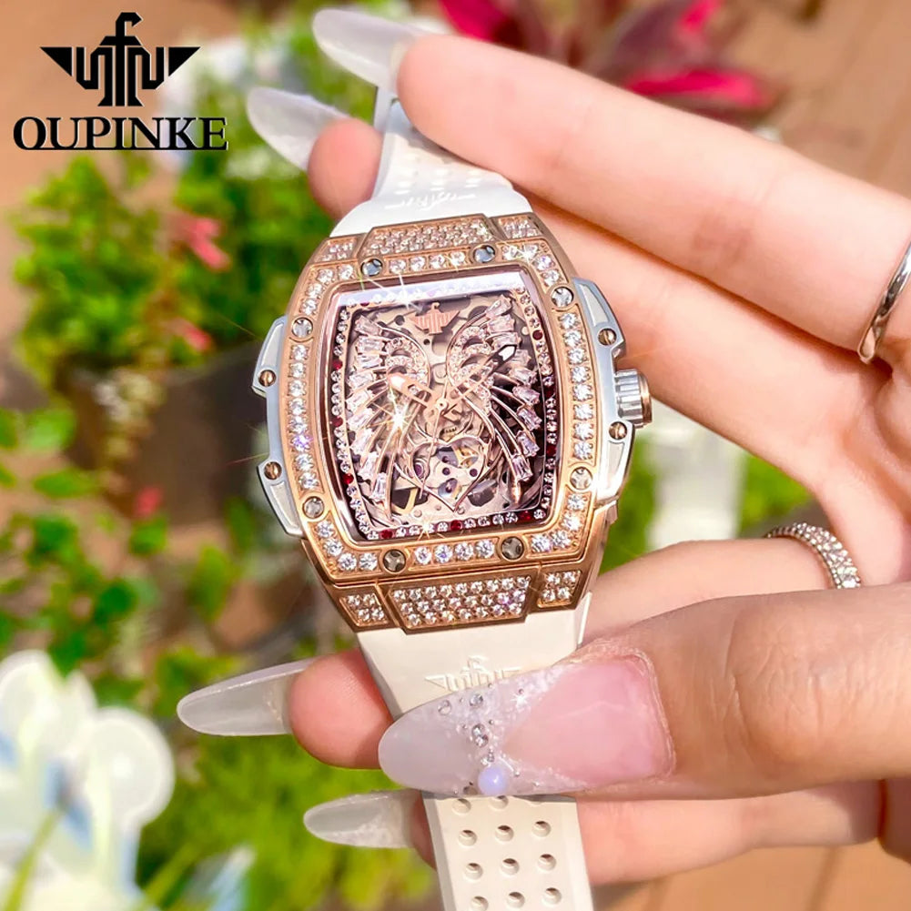 OUPINKE, marca de lujo, reloj mecánico para mujer, diseño de alas de Ángel de amor, esqueleto, automático, elegante, blanco, reloj de pulsera para mujer, nuevo