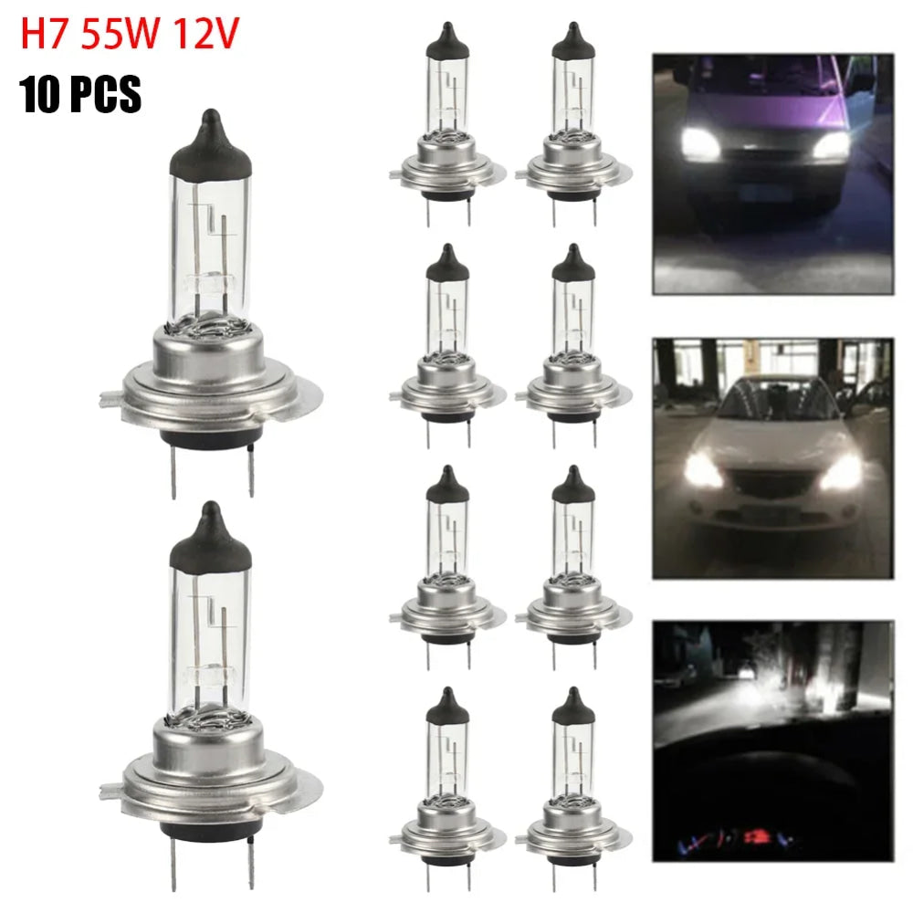 10 Uds bombilla halógena para faros delanteros luz blanca muy cálida H7 55W 12V bombilla halógena para faros delanteros de coche bombilla de repuesto