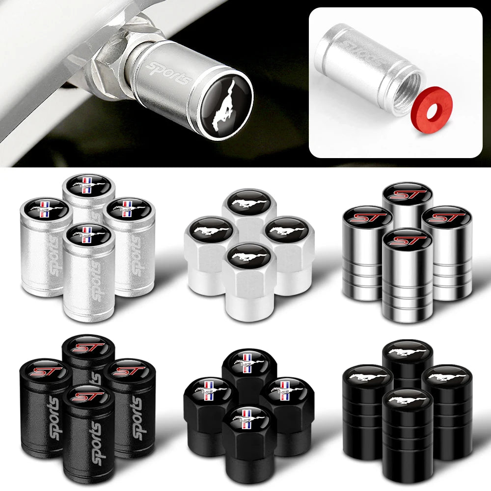 4pc Mustang Logo Tire Valve Caps Aluminum Alloy Dustproof Car Wheel Air Stem Cover For Ford Focus ST Mk7 Everest Kuga Fiesta Mk3