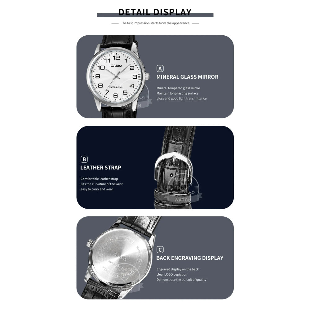Casio Watch for Men Simple Minimalist Business Style Fashionable Design Water Resistant Quartz Movement MTP-V001