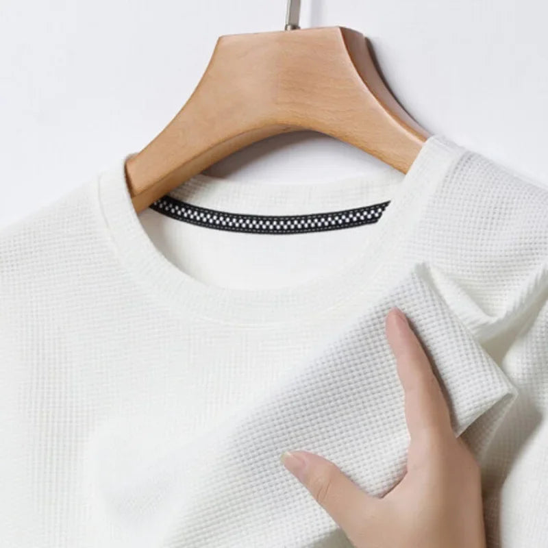 Nueva camiseta de manga corta con cuello redondo y gofres de verano para hombre, Top de manga corta