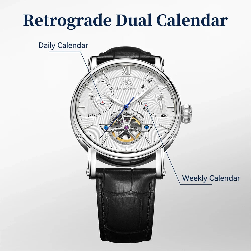 Shanghai Watch Skeletonized Flywheel Men's Mechanical Watch 42mm Automatic Watches Retrograde Calendar Sapphire Wristwatch S8924