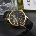 Orient Automatic Men's Watch Sun & Moon Phase Skeleton Dial Gold Case Black Leather Strap Mechanical Wristwatch