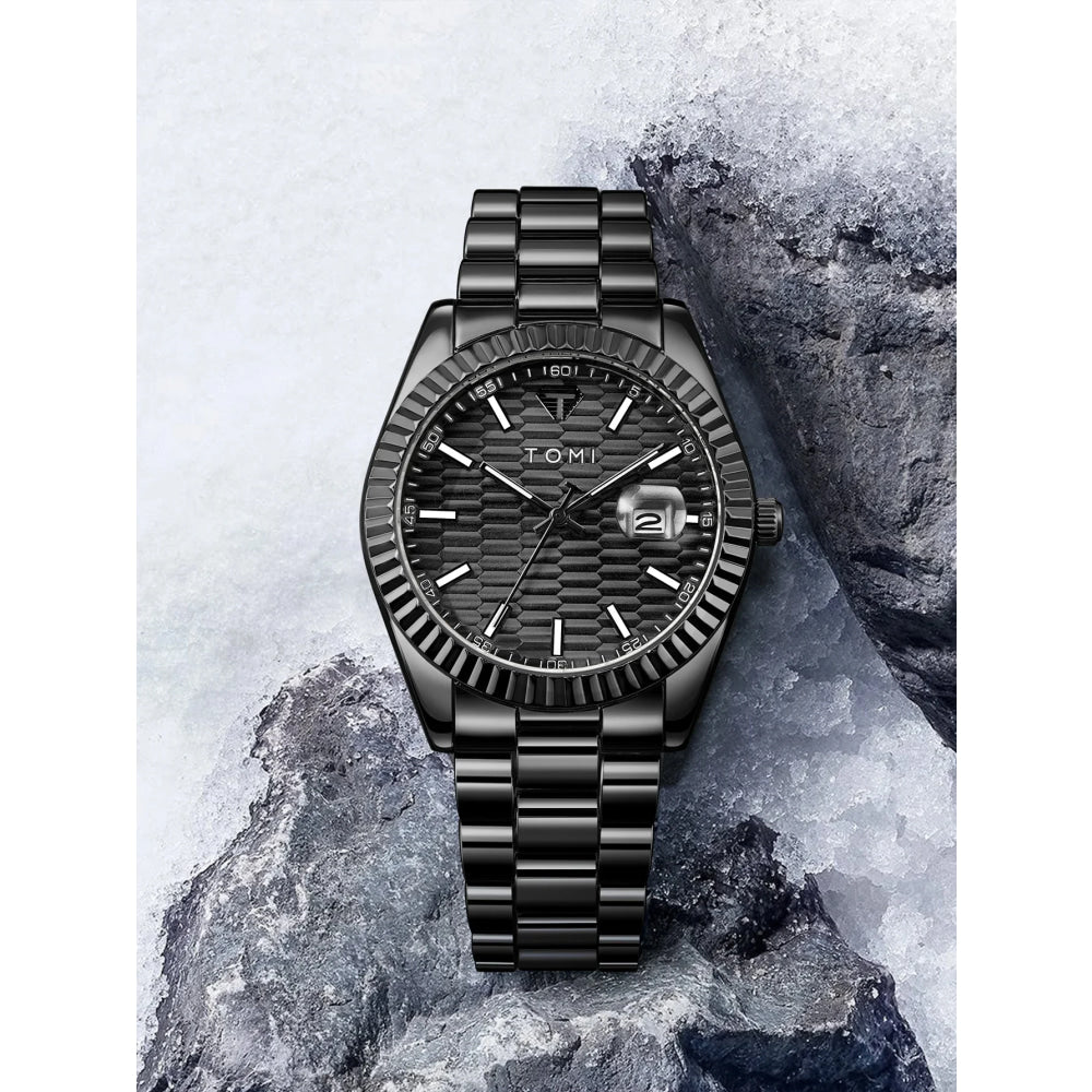 TOMI New Men's Watch Brooch Ring Gift Box Set Luxury Business Stainless Steel Strap Men's Calendar Casual Quartz Watch Reloj