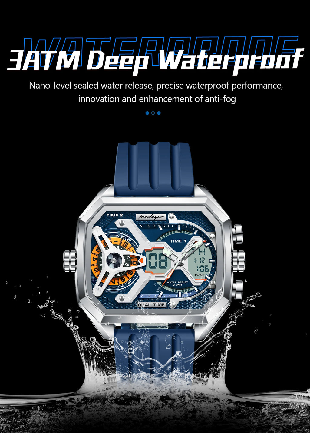 POEDAGAR Top Luxury Men Clock LED Calendar Week Luminous Man Wristwatch Electronic Rectangle Silicone Strap Quartz Men's Watches