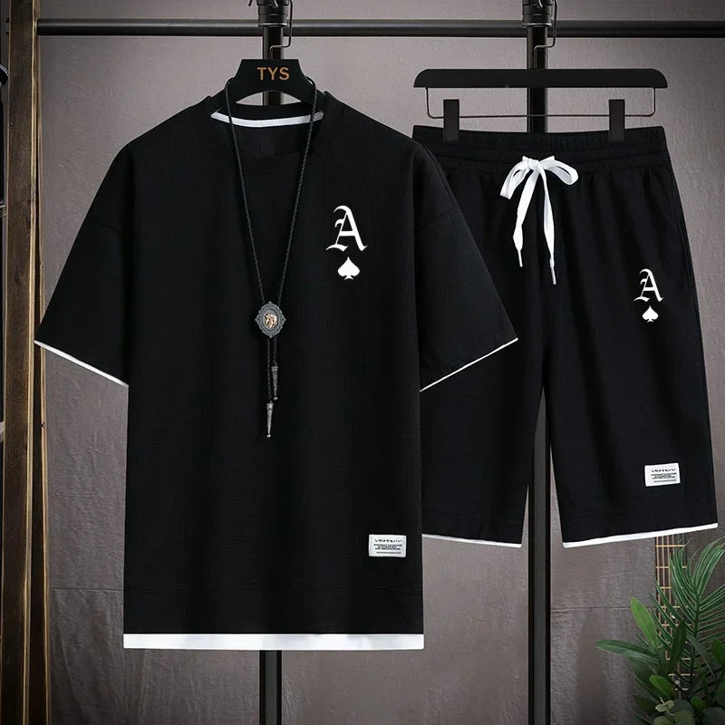 Fashionable casual men's sports suit short-sleeved T-shirt and outdoor summer sports shorts two-piece set daily casual
