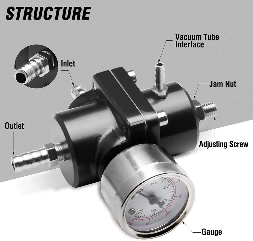 Universal 1Set Adjustable Fuel Pressure Regulator + Gauge+ Fitting Kit Aluminum Black Blue Red Silver
