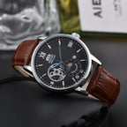 Reloj Automático Orient Sun & Moon semiesqueleto para hombre, esfera blanca, correa de cuero negro, cristal de zafiro, reloj de vestir resistente al agua hasta 50M