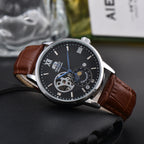 Orient Sun & Moon Semi Skeleton Automatic Watch Men's White Dial Black Leather Strap Sapphire Crystal 50M Waterproof Dress Watch