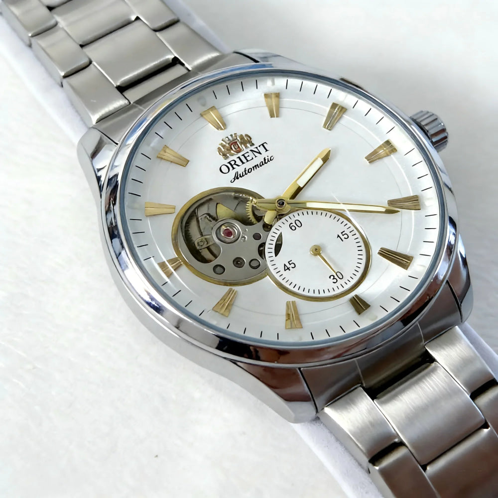 ORIENT Automatic Mechanical Watch Men's Stainless Steel Strap Skeleton Dial White Gold Needle Luminous 50M Waterproof Sapphire