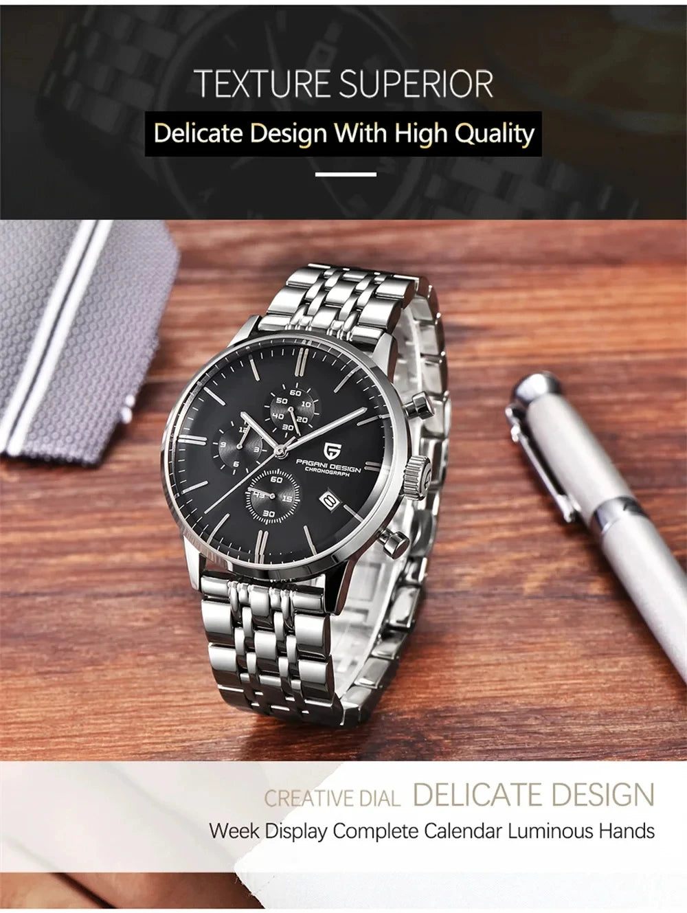 Pagani Design Fashion Luxury Men's Quartz Chronograph Watch Japan VK67 Movement Leather Strap Large Calendar PD-2720K reloj